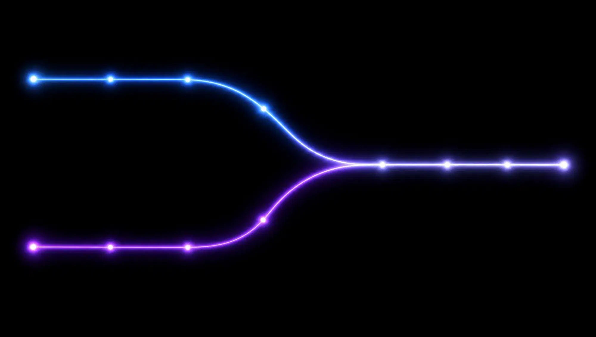 Dos líneas de luz, azul y violeta, que se funden en una